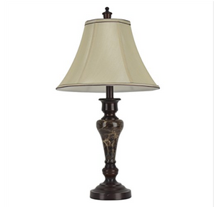 Decor Therapy 25-inch Bronze and Marble Round Bell Light Taupe Shade Table Lamp
